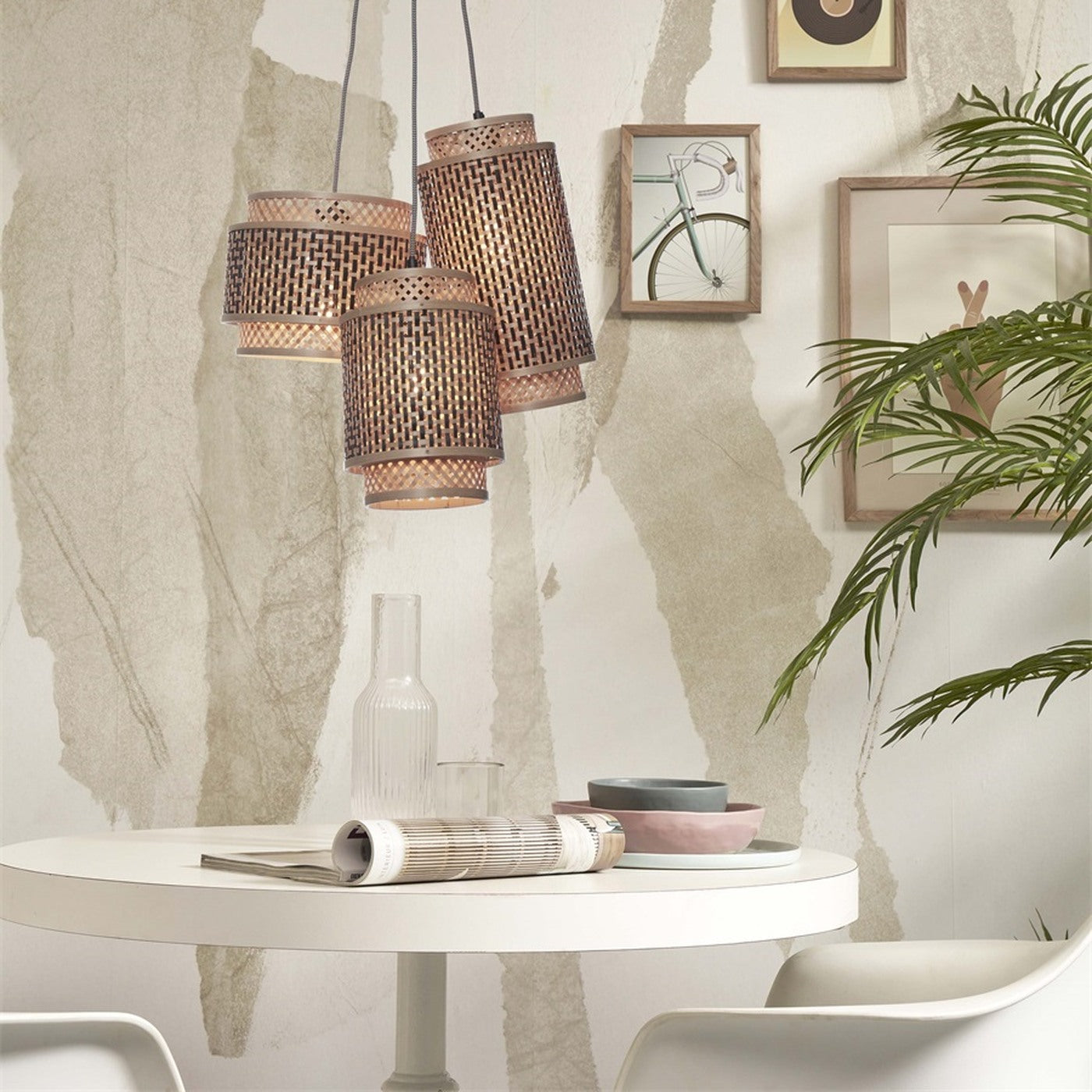 Suspension Bhutan bambou naturel et noir 3 abat-jours E27, vue 2