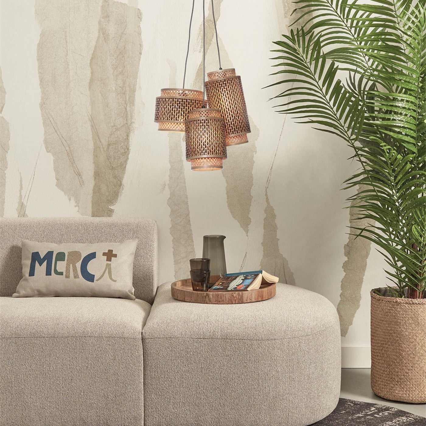 Suspension Bhutan bambou naturel et noir 3 abat-jours E27, vue 5