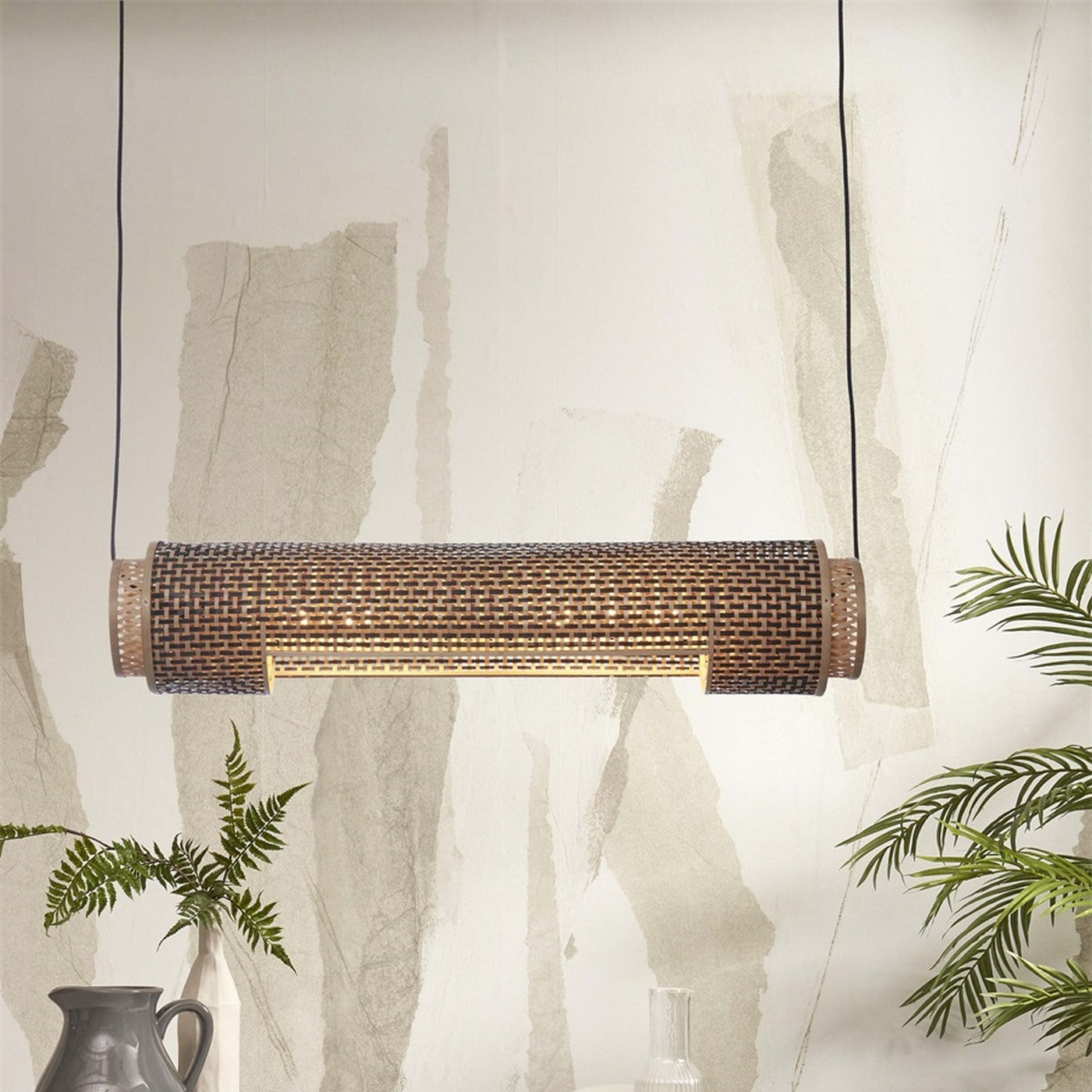 Suspension Bhutan bambou naturel et noir cylindre 85 cm E27, vue 2