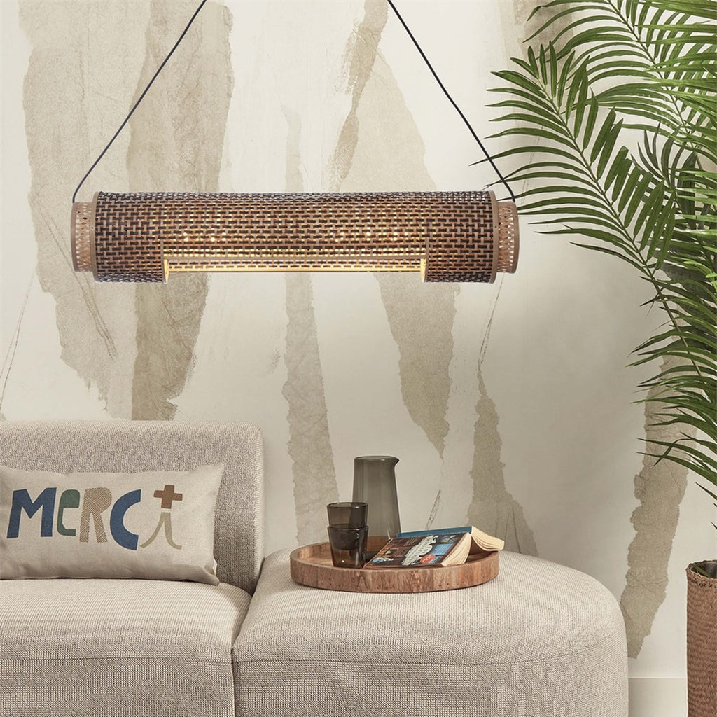 Suspension Bhutan bambou naturel et noir cylindre 85 cm E27, vue 5