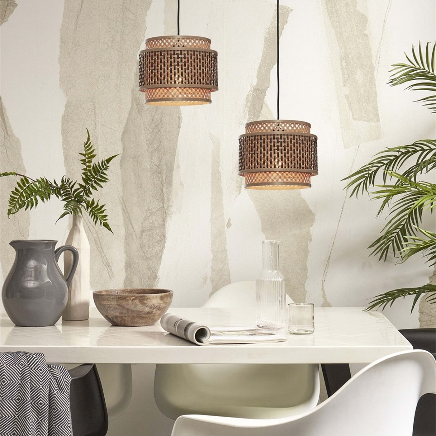Suspension Bhutan bambou naturel et noir ronde 25 cm E27, vue 2