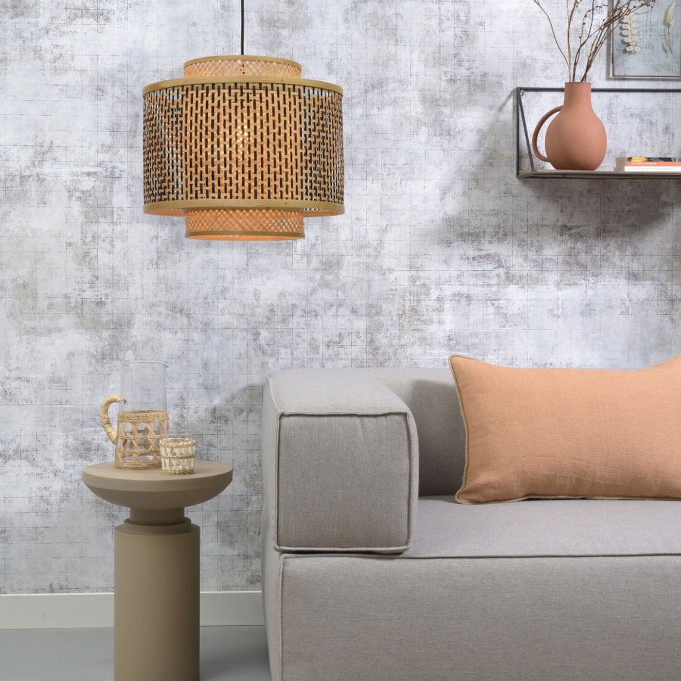 Suspension Bhutan bambou naturel et noir tambour 40 cm E27, vue 4