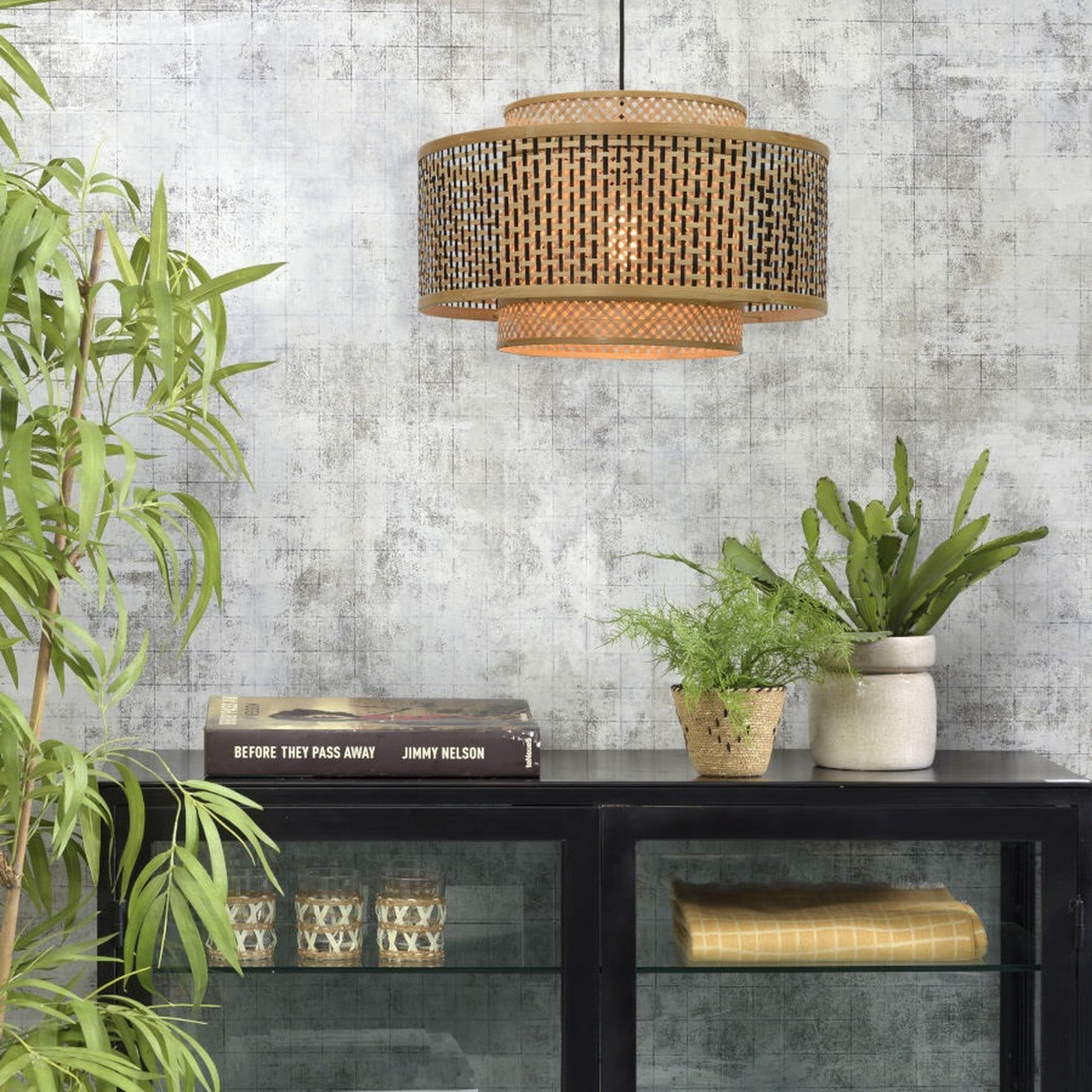 Suspension Bhutan bambou naturel et noir tambour 50 cm E27, vue 6