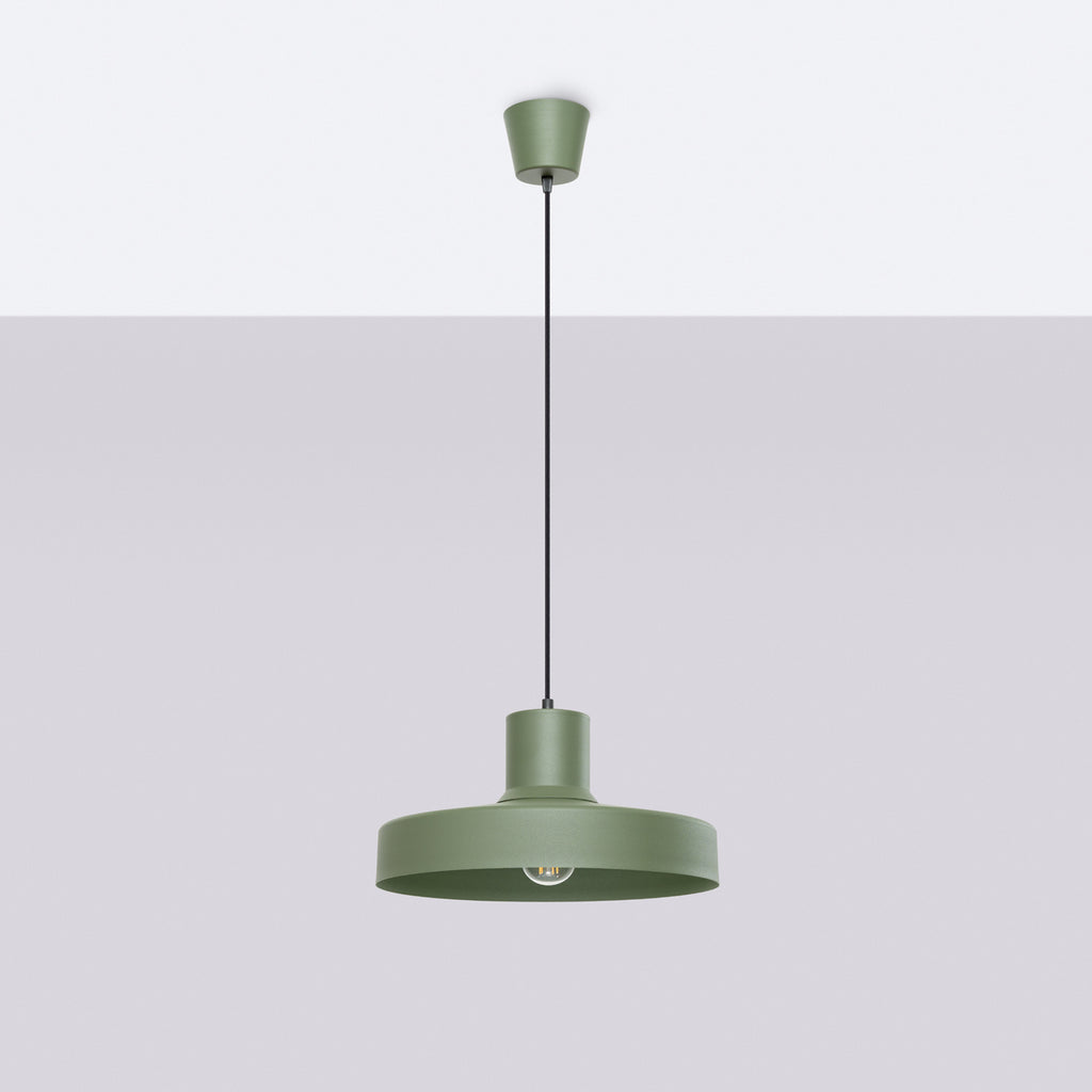 Suspension Bilo métal vert olive E27, vue de profil
