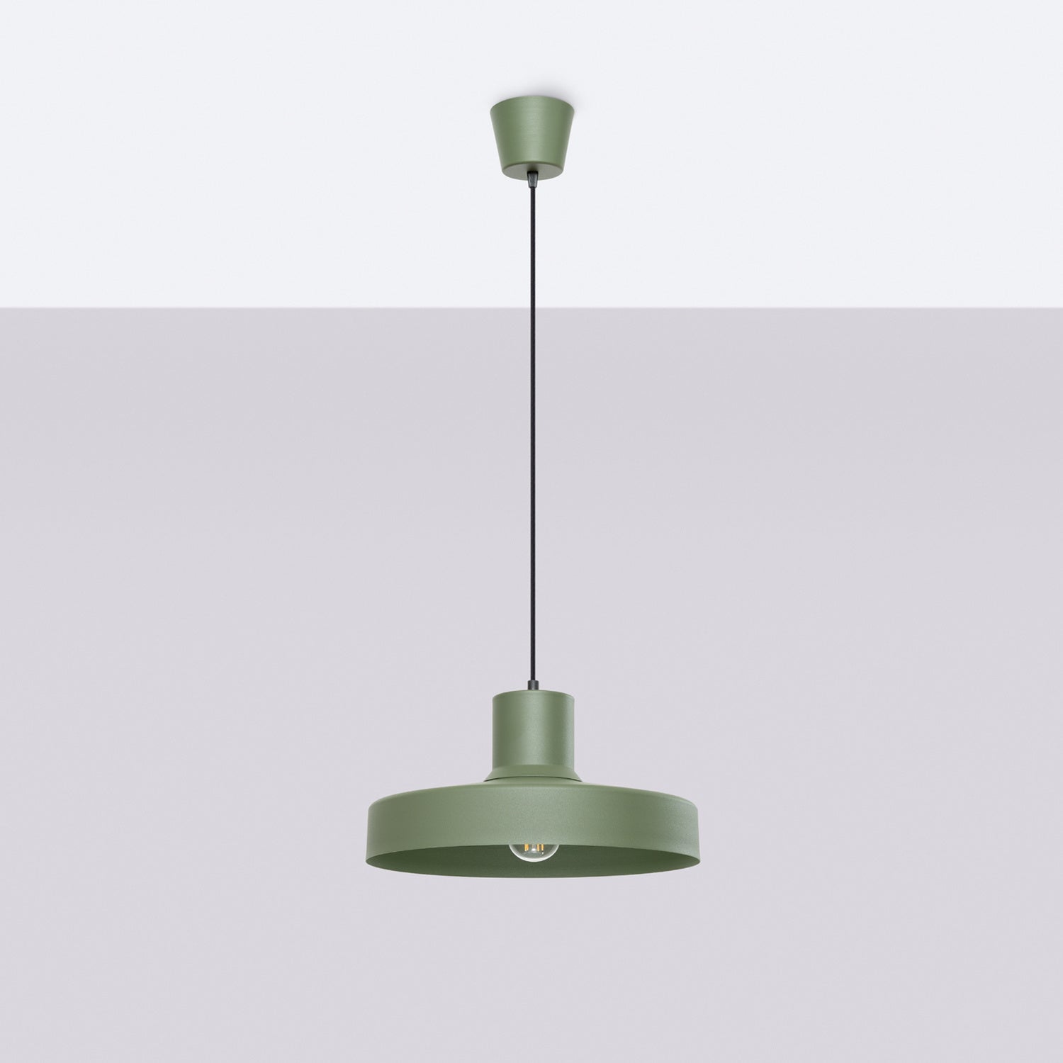 Suspension Bilo métal vert olive E27, vue de profil
