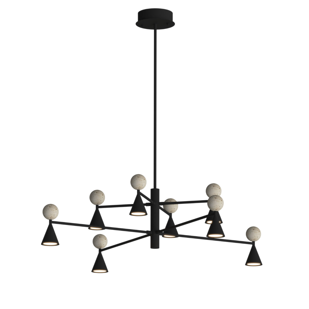 Suspension Bingo 8 lumières travertin avec huit sphères beiges sur cônes noirs allumés et structure en étoile noire