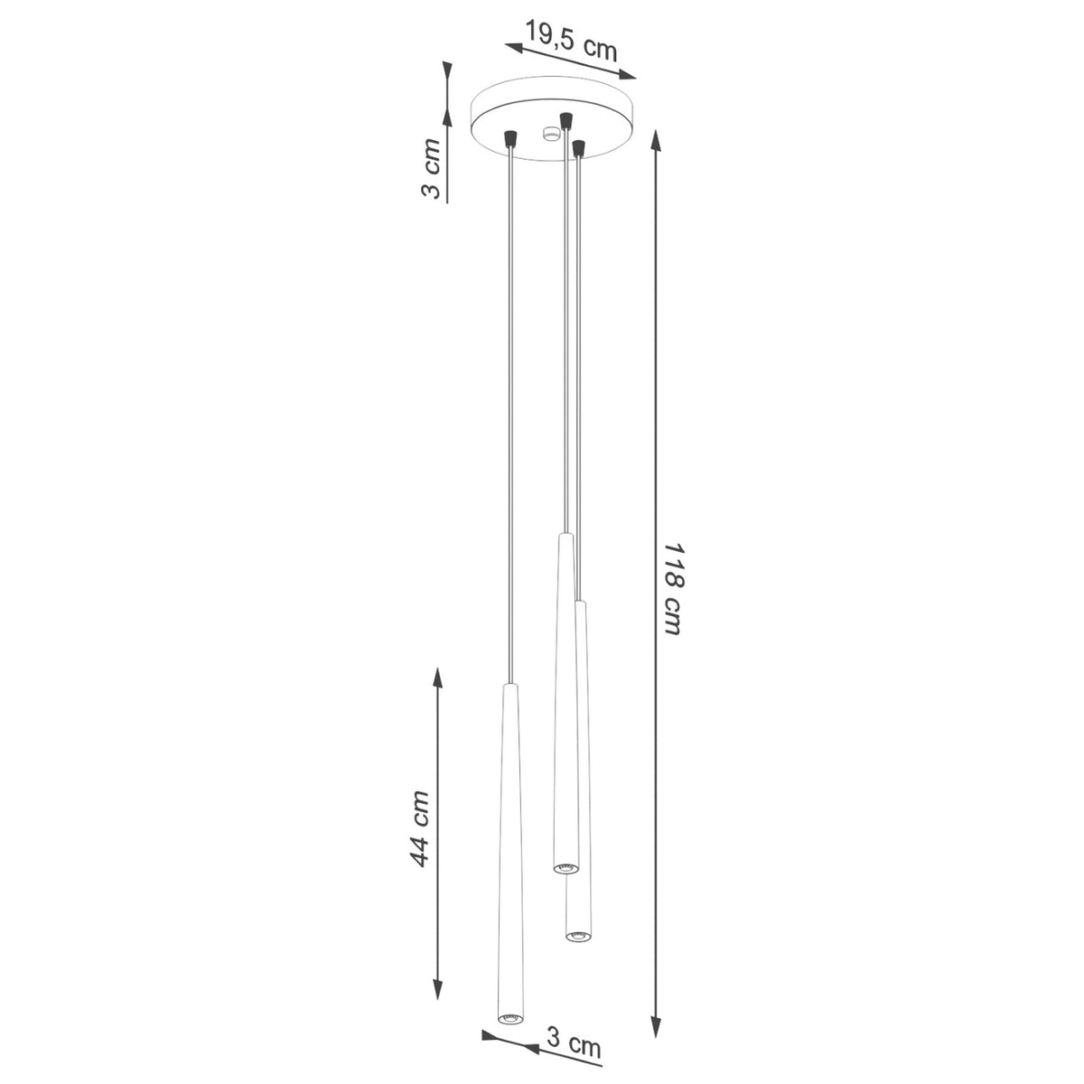 Schéma coté suspension Bliss 3 en grappe hauteur totale 118 cm cônes de 44 cm et 3 cm de diamètre sous une rosace ronde