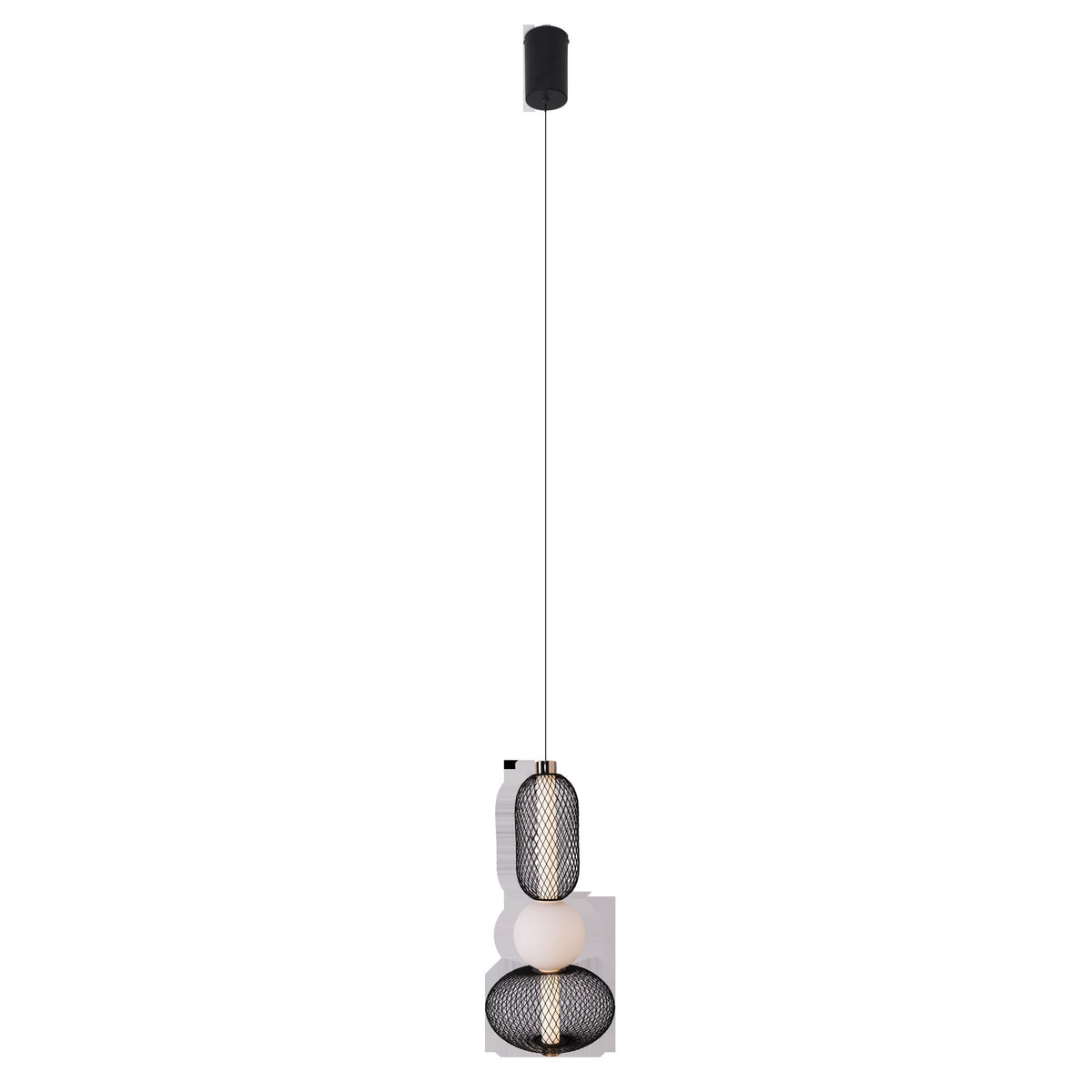 Suspension Bora A sur fond blanc avec sa rosace cylindrique noire son câble et ses deux cages de résille autour d'une sphère de verre opale