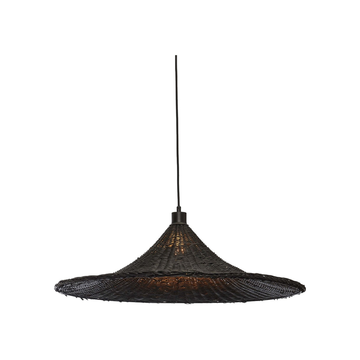 Suspension Borabora en bambou tressé noir 70 cm abat-jour conique évasé et câble noir