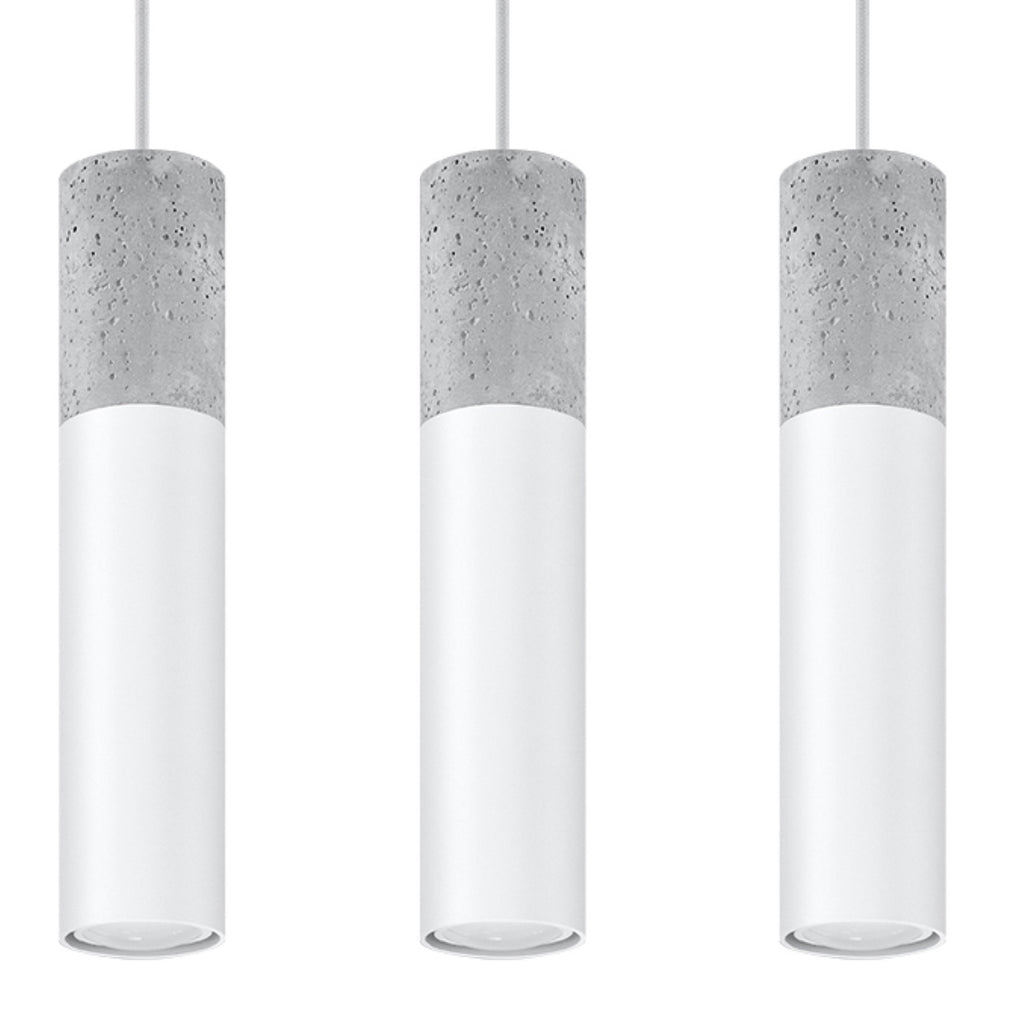 Suspension Borgio 3 en béton et acier blanc, trois tubes, tube GU10