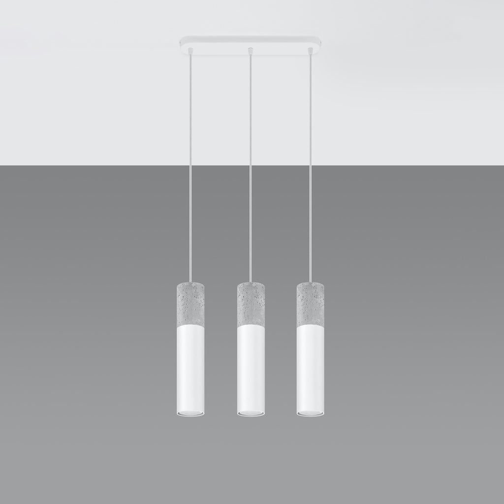 Suspension Borgio 3 en béton et acier blanc, trois tubes suspendue au plafond