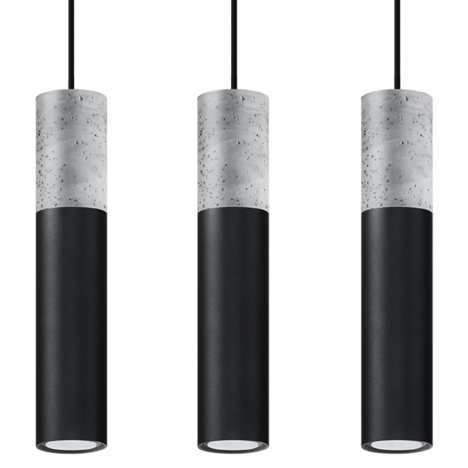 Suspension Borgio 3 en béton et acier noir, trois tubes, tube GU10