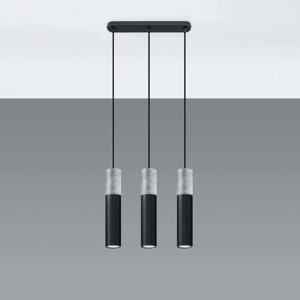 Suspension Borgio 3 en béton et acier noir, trois tubes suspendue au plafond