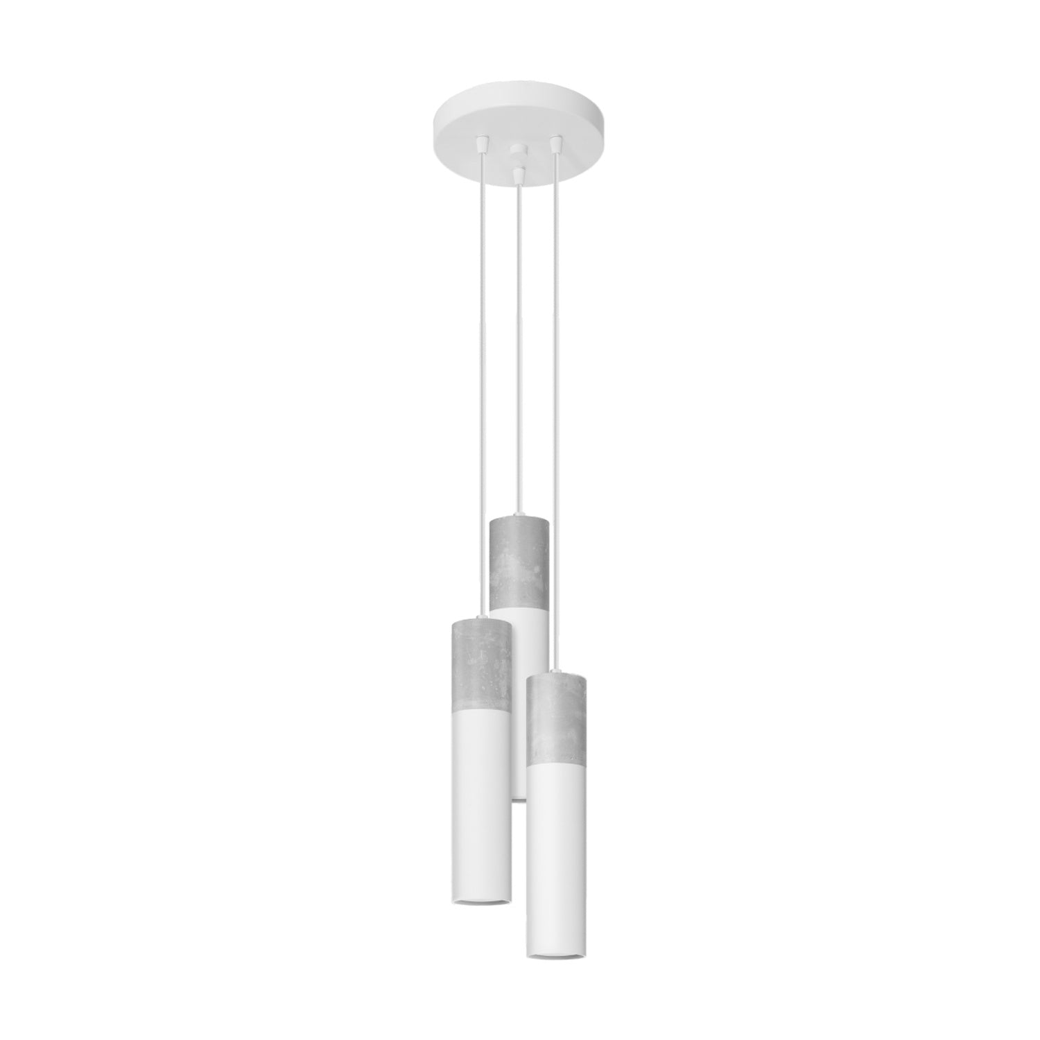 Suspension Borgio 3 en grappe béton et acier blanc, trois tubes cylindriques GU10 en cascade