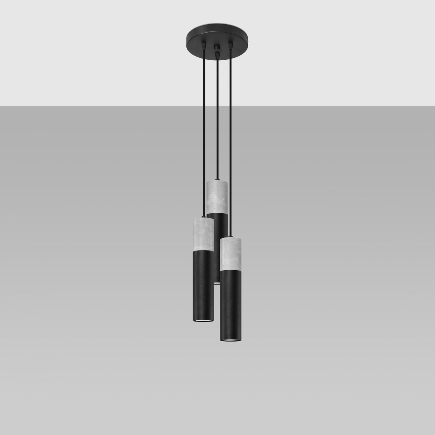 Suspension Borgio 3 en grappe béton et acier noir de trois quarts