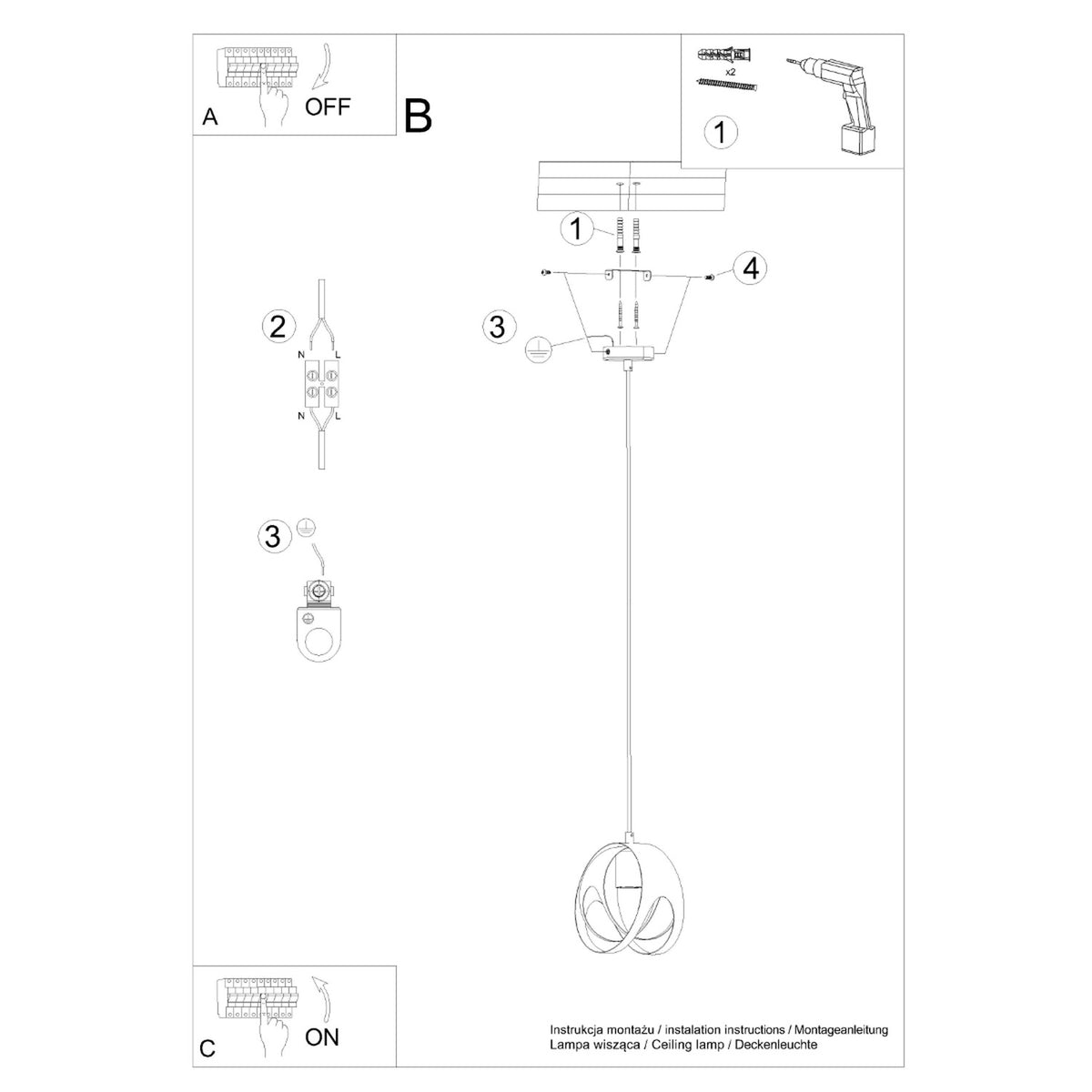 Schéma de montage de la suspension Tulos patte au plafond chevilles bornier terre et vis latérales