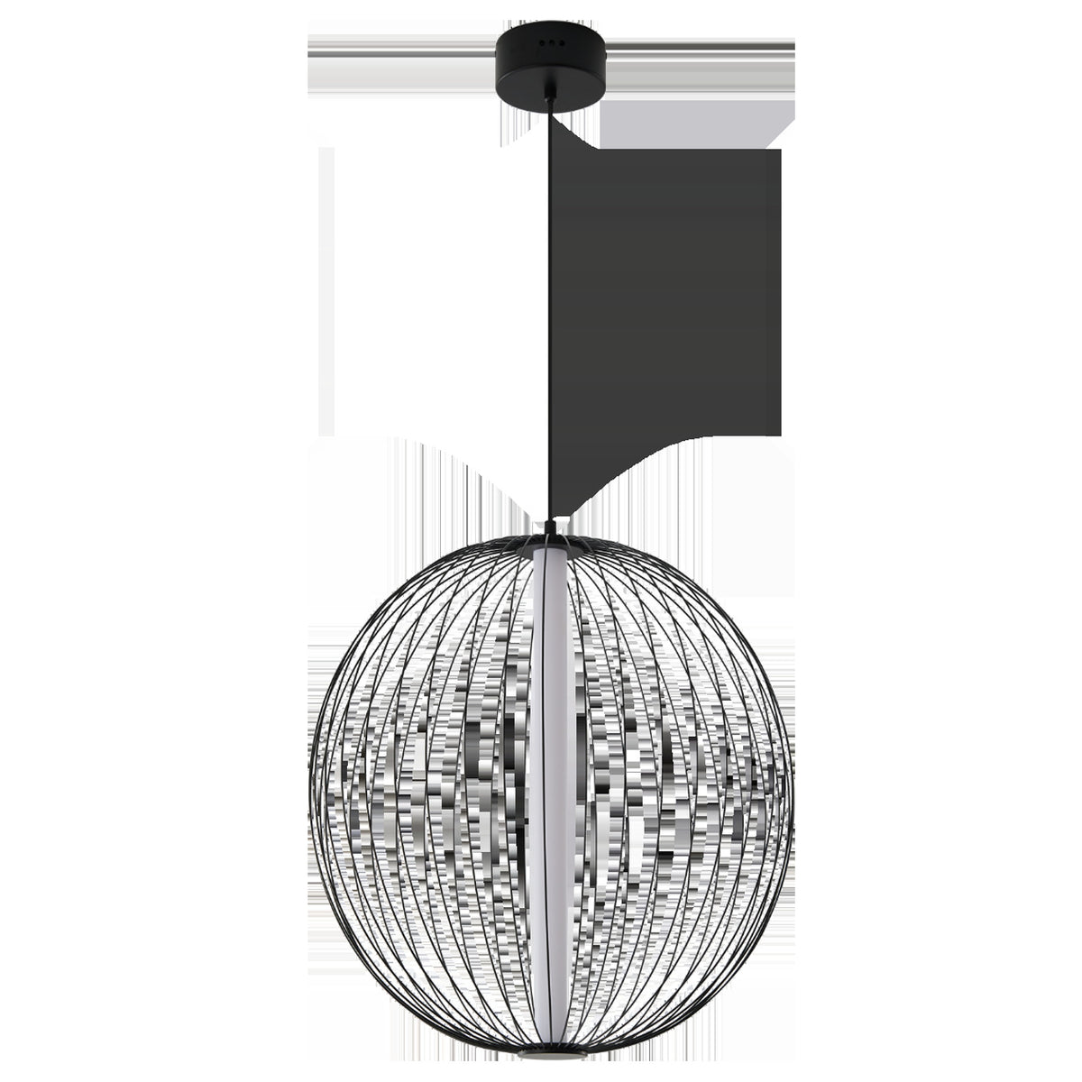 Suspension boule filaire LED Nelson acier noir avec son tube lumineux central et sa rosace ronde
