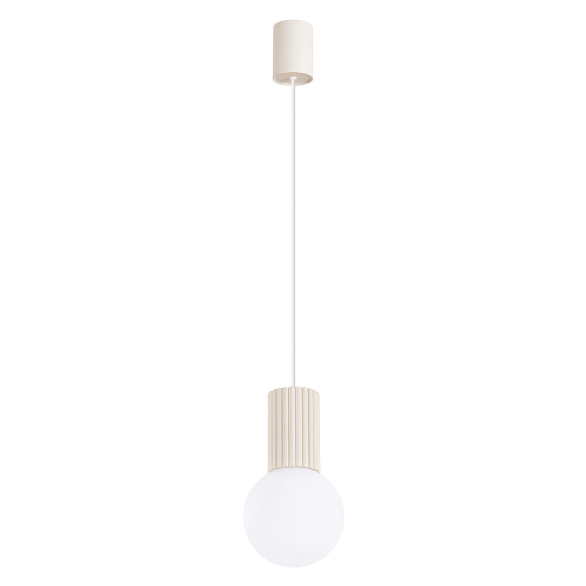 Suspension Halo laque beige avec sa rosace cylindrique et sa boule de verre opale au bout d'un câble tressé