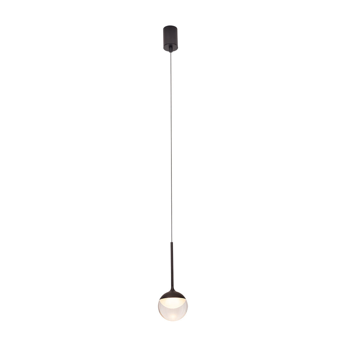 Suspension boule Zoom noire globe en acrylique sous une calotte noire suspendu à un câble fin et à sa rosace cylindrique