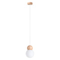 Suspension boule Pekka globe de verre opale blanc coiffé d'une bille de bois et rosace ronde en bois
