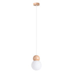 Suspension boule Pekka globe de verre opale blanc coiffé d'une bille de bois et rosace ronde en bois