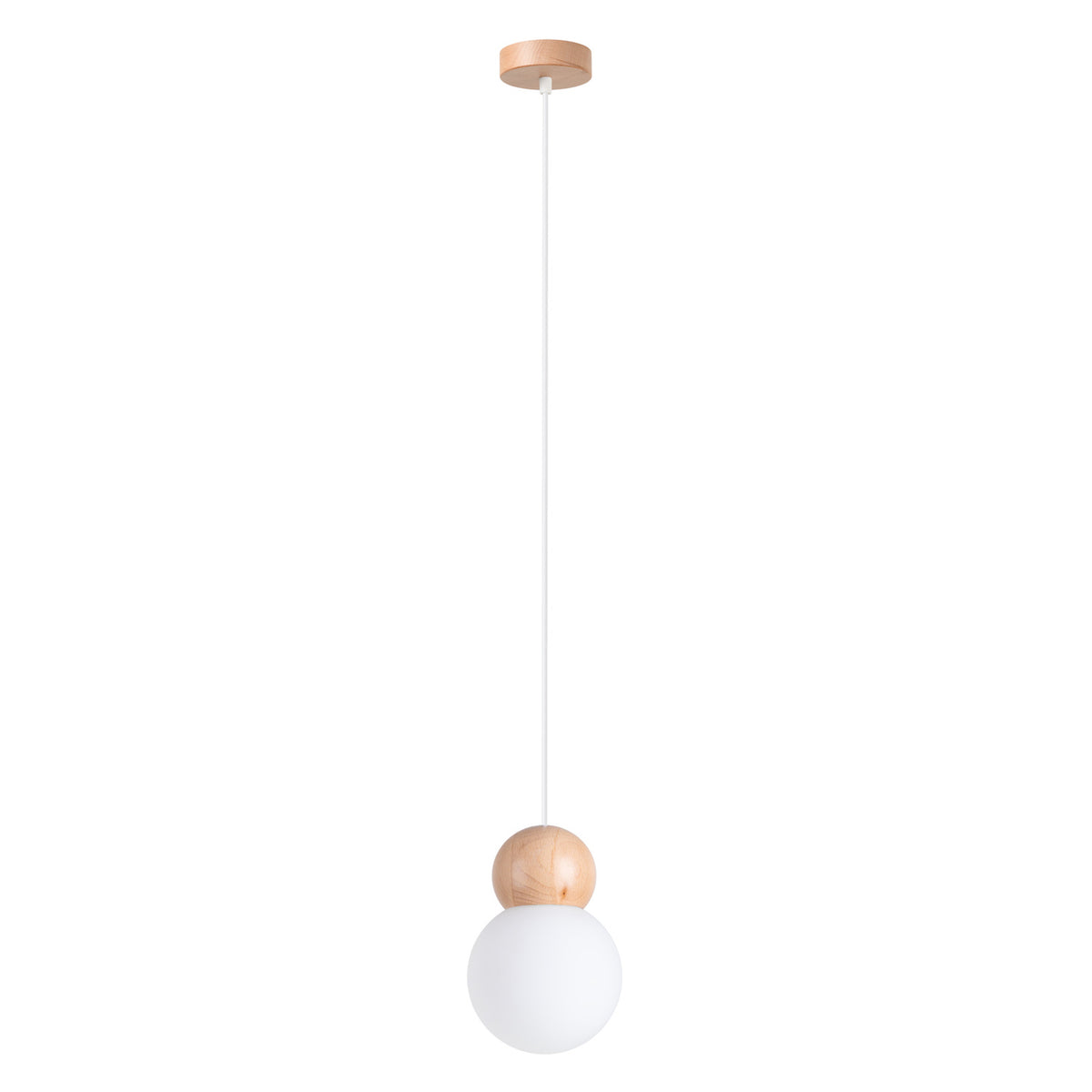 Suspension boule Pekka globe de verre opale blanc coiffé d'une bille de bois et rosace ronde en bois