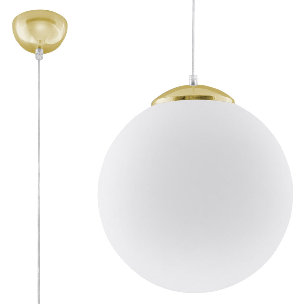Suspension boule Ugo, globe en verre blanc opale et calotte dorée, 30 cm, vue de face