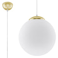 Suspension boule Ugo, globe en verre blanc opale et calotte dorée, 30 cm, vue de face