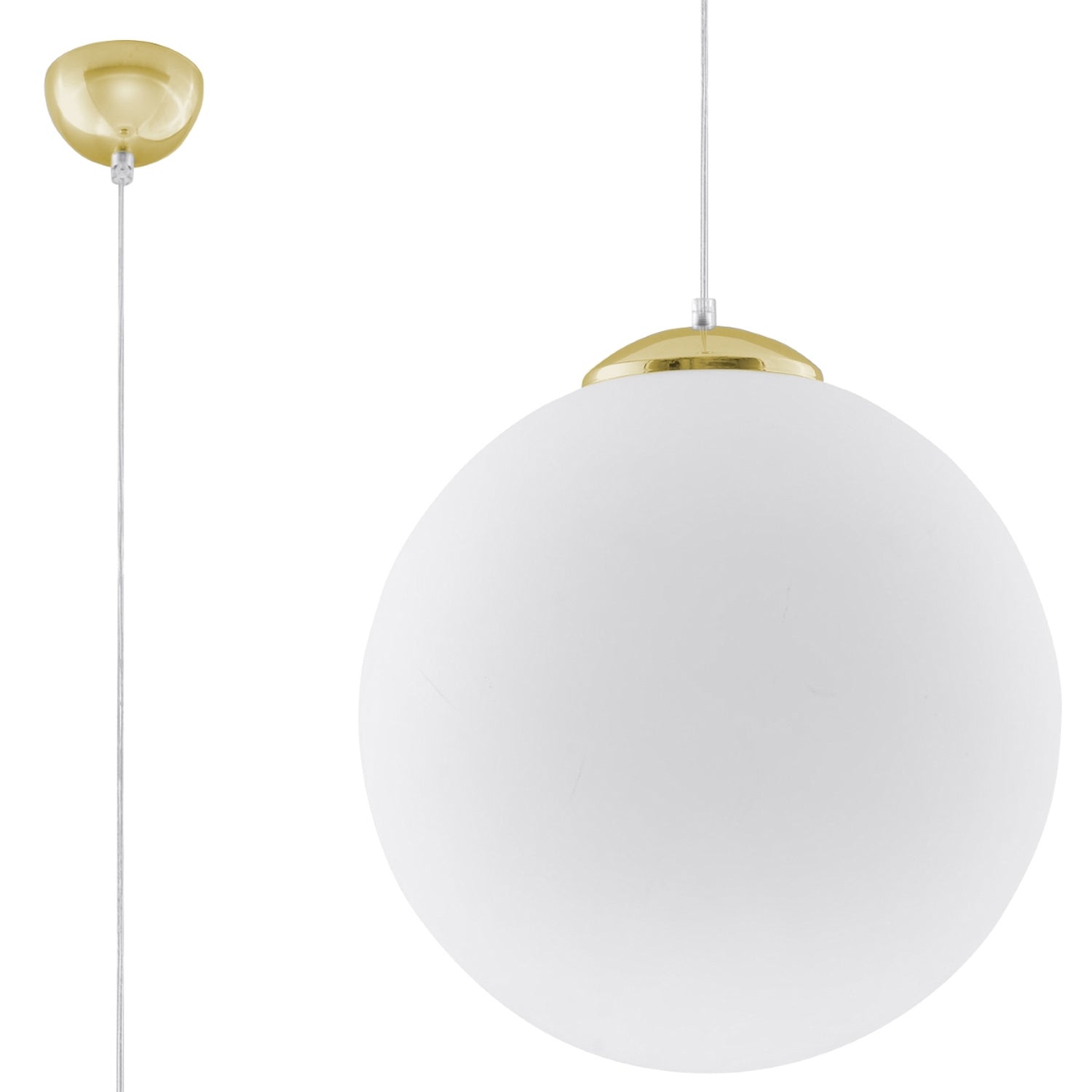 Suspension boule Ugo, globe en verre blanc opale et calotte dorée, 40 cm, vue de face