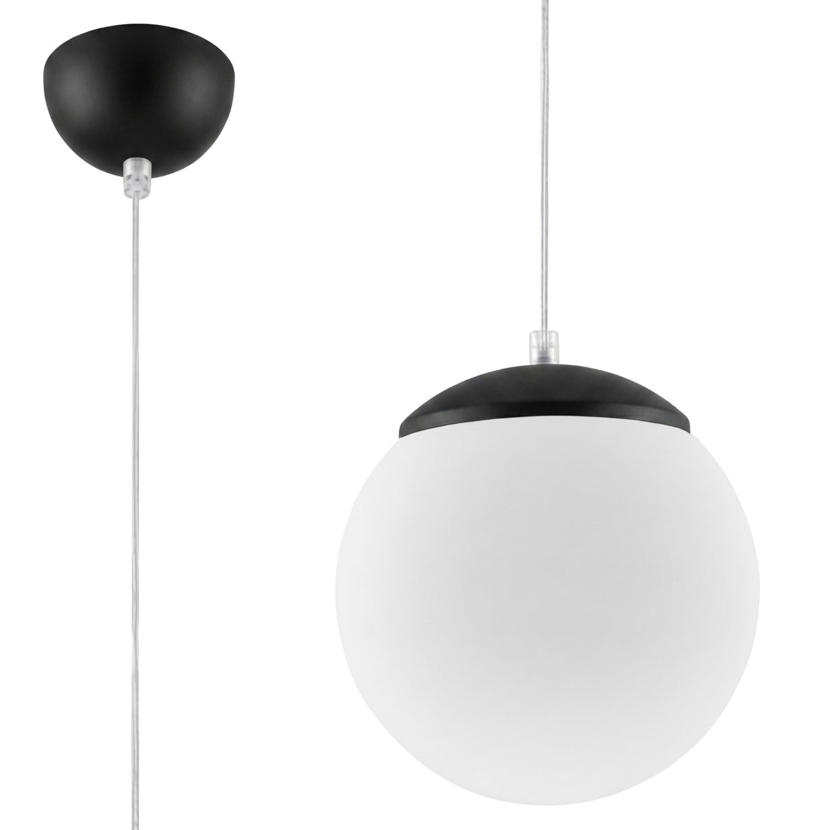 Suspension boule Ugo verre blanc 20 cm E27, finition laque noire