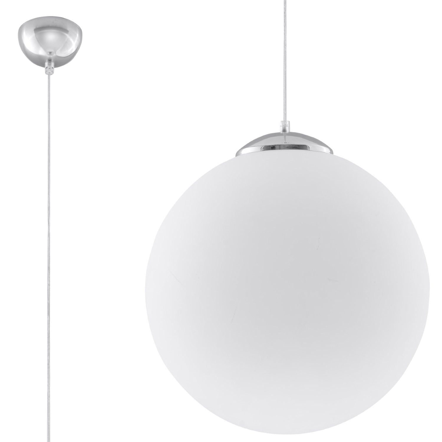 Suspension boule Ugo en verre blanc opale de 30 cm avec rosace chromée