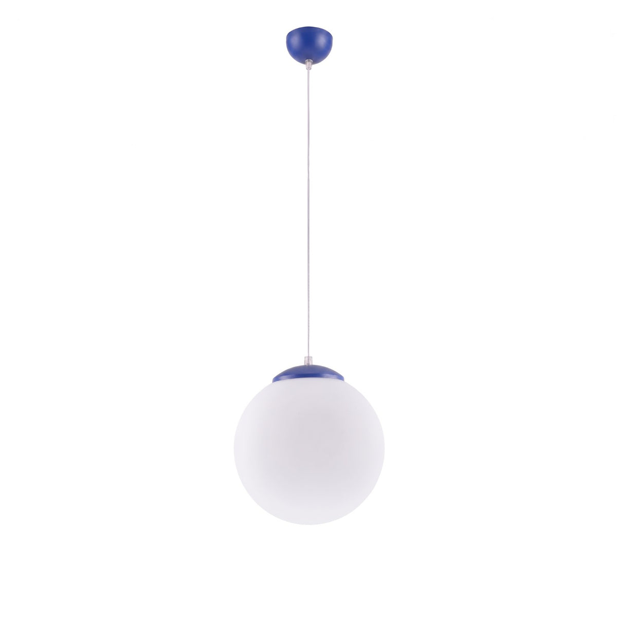 Suspension boule Ugo verre blanc 30 cm E27, finition laque bleu outremer