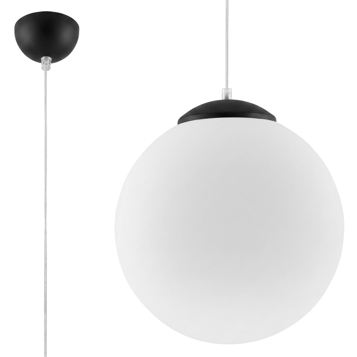Suspension boule Ugo verre blanc 30 cm E27, finition laque noire
