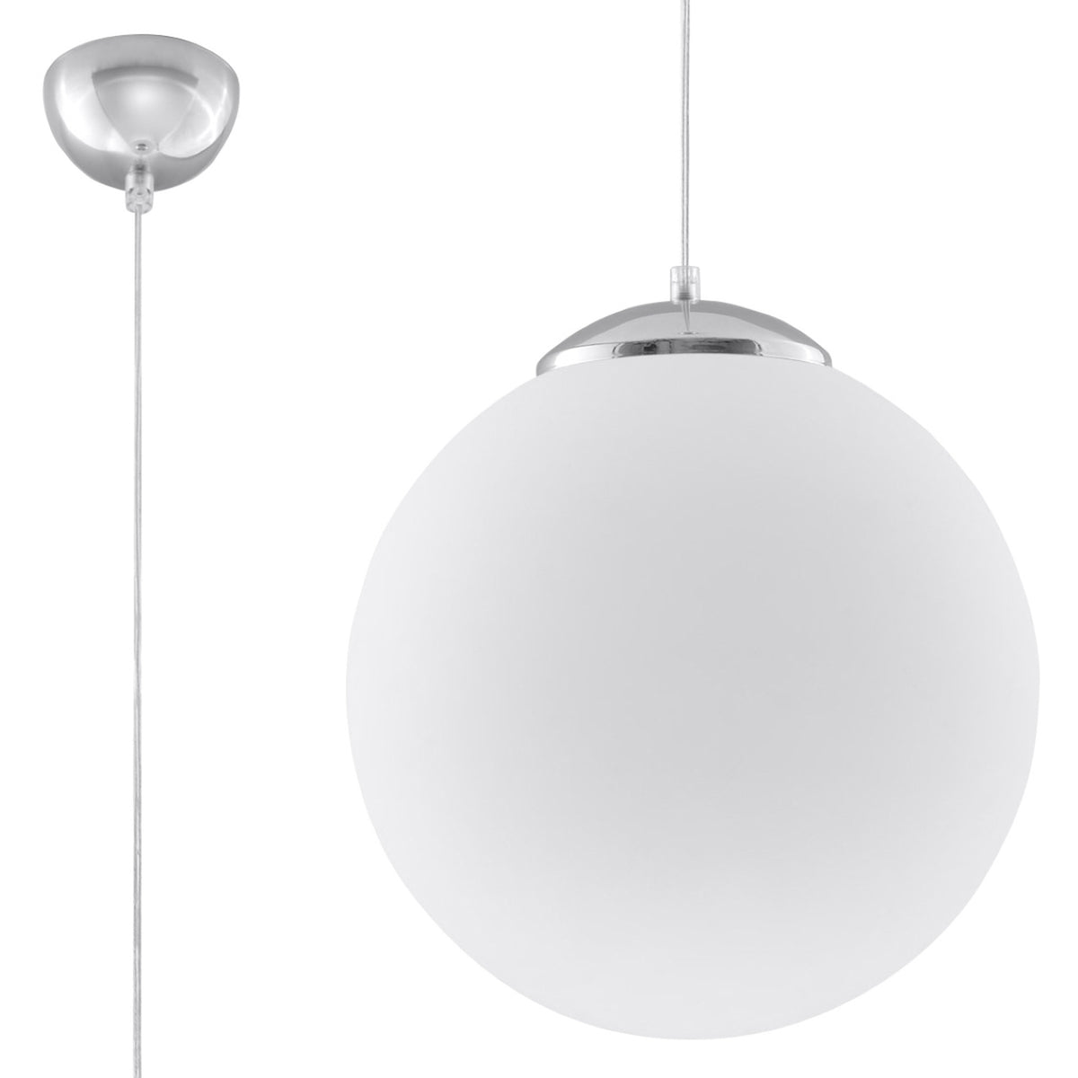 Suspension boule Ugo en verre blanc avec coupelle chromée câble transparent et détail de la rosace chromée