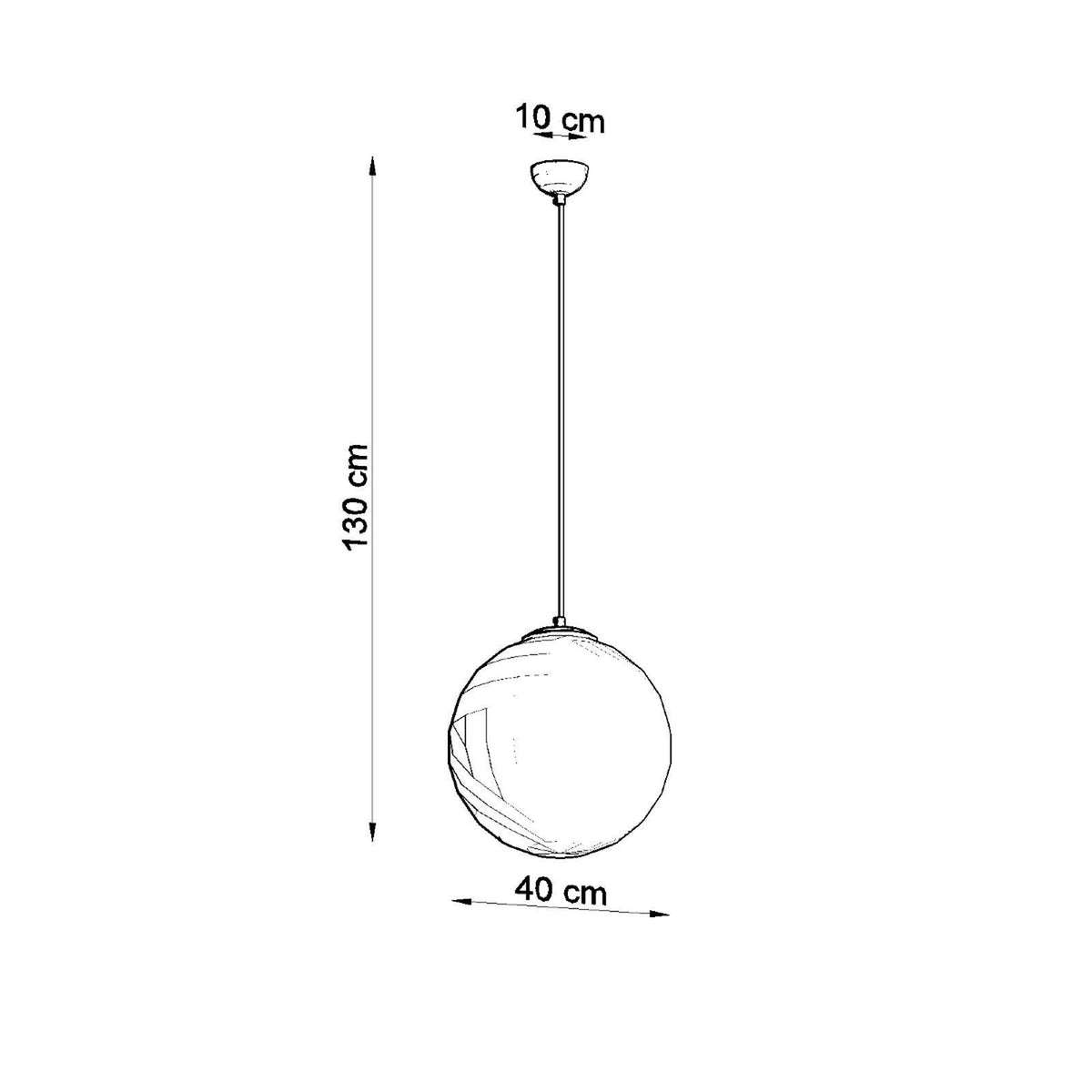 Schéma coté de la suspension boule Ugo diamètre 40 cm hauteur 130 cm rosace 10 cm