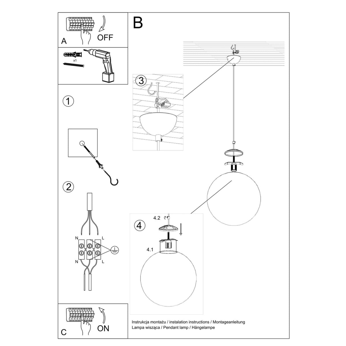 Schéma de montage de la suspension boule Ugo avec crochet raccordement rosace et fixation du globe