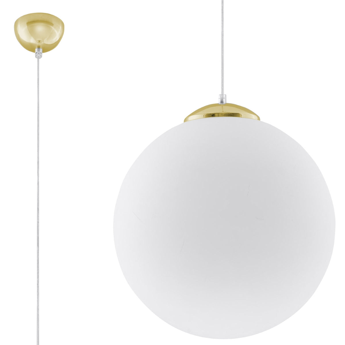 Suspension boule Ugo en verre blanc avec sa coupelle dorée son câble transparent et sa rosace dorée