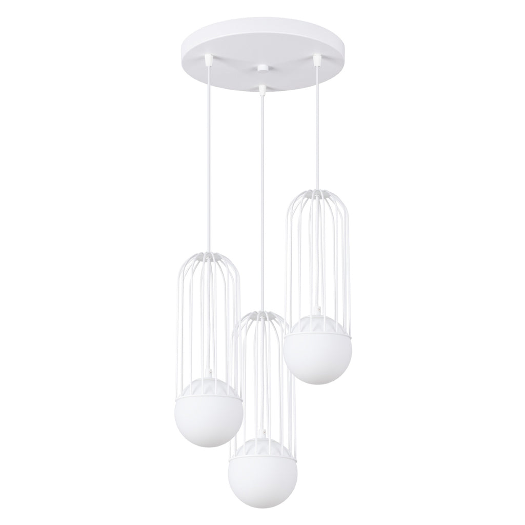 Suspension Brina 3 en grappe cage métal blanc G9, cage en acier blanc et globe de verre opale blanc