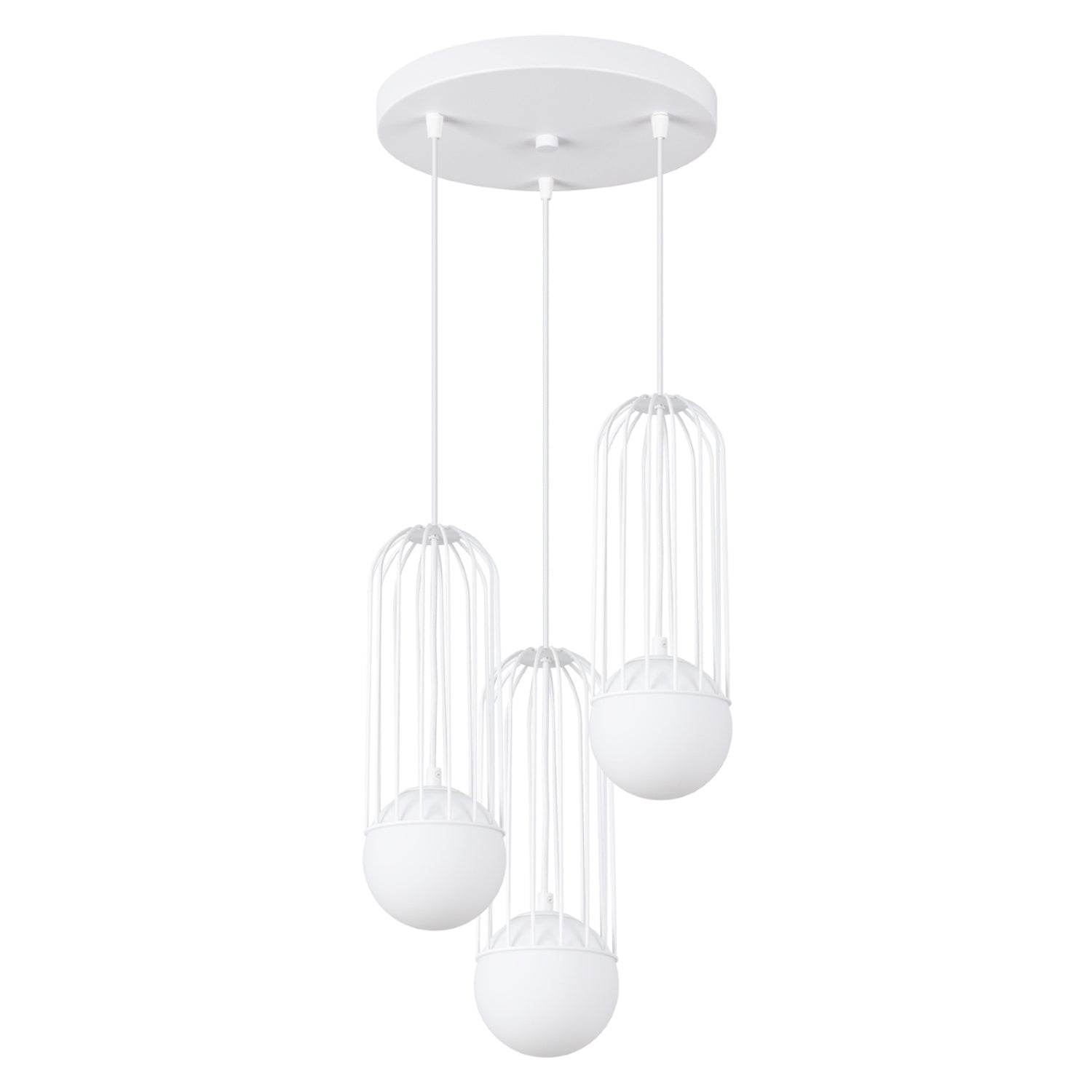 Suspension Brina 3 en grappe cage métal blanc G9, cage en acier blanc et globe de verre opale blanc