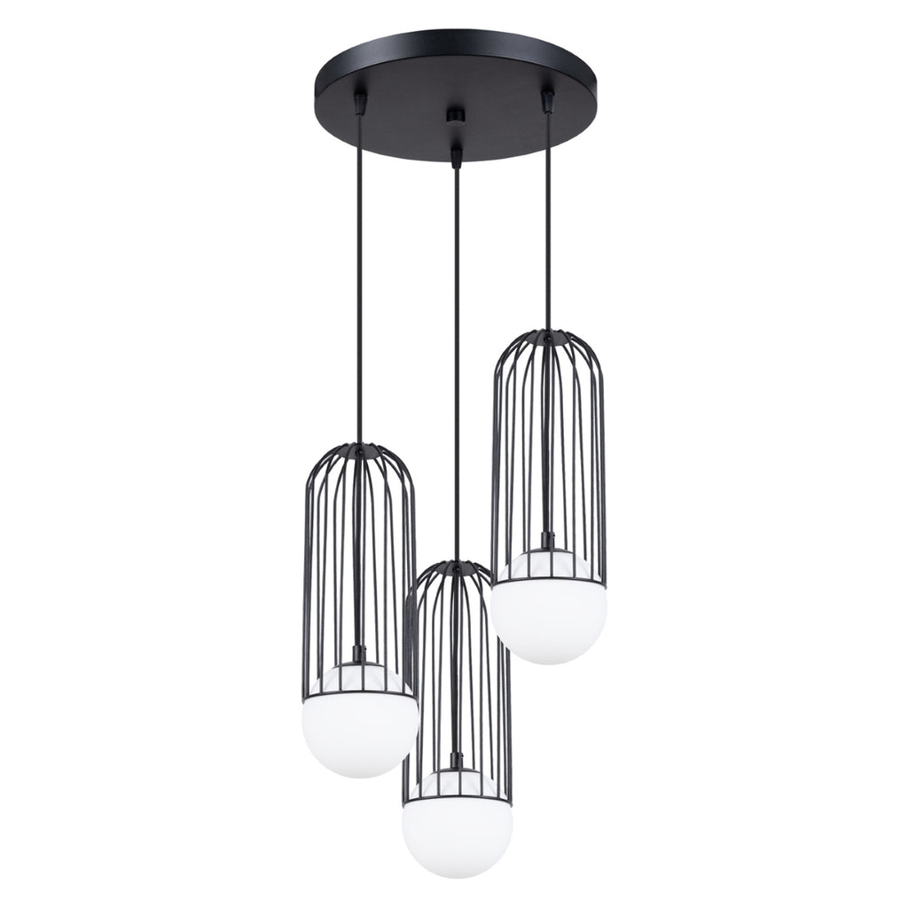 Suspension Brina 3 en grappe cage métal noir G9, cage en acier noir et globe de verre opale blanc