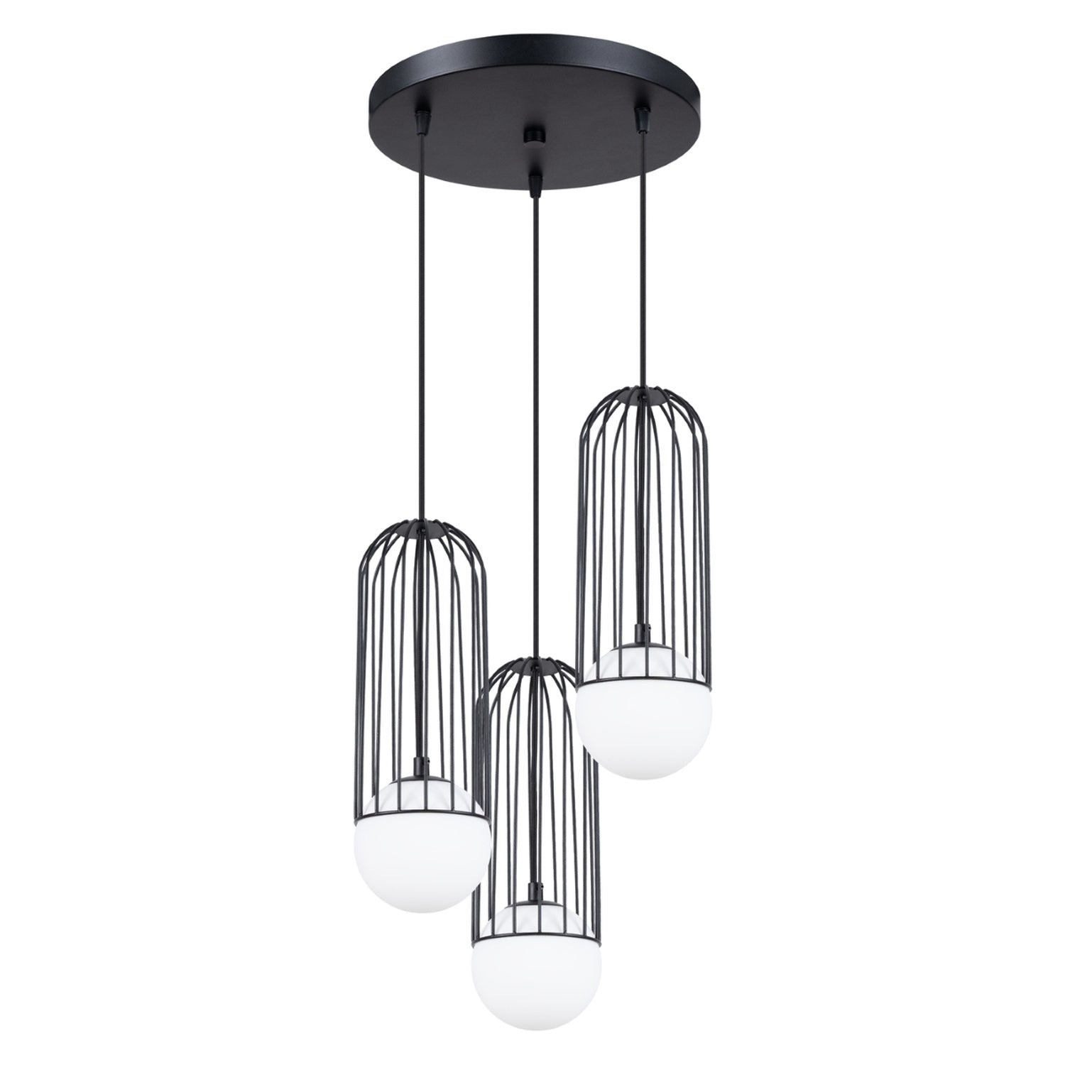 Suspension Brina 3 en grappe cage métal noir G9, cage en acier noir et globe de verre opale blanc