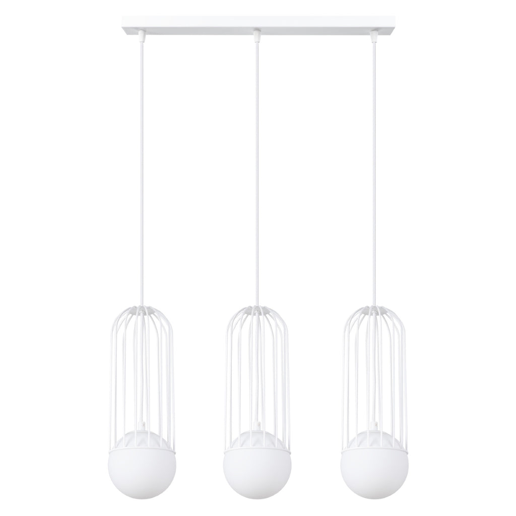 Suspension Brina 3 en ligne cage métal blanc G9, cage en acier blanc et globe de verre opale blanc