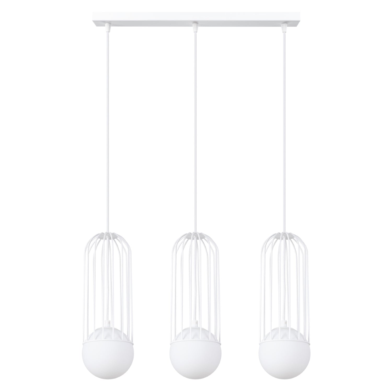 Suspension Brina 3 en ligne cage métal blanc G9, cage en acier blanc et globe de verre opale blanc