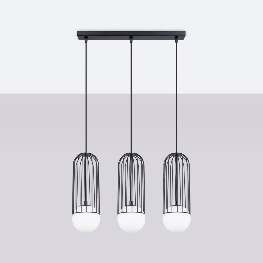 Suspension Brina 3 en ligne cage métal noir G9 de profil