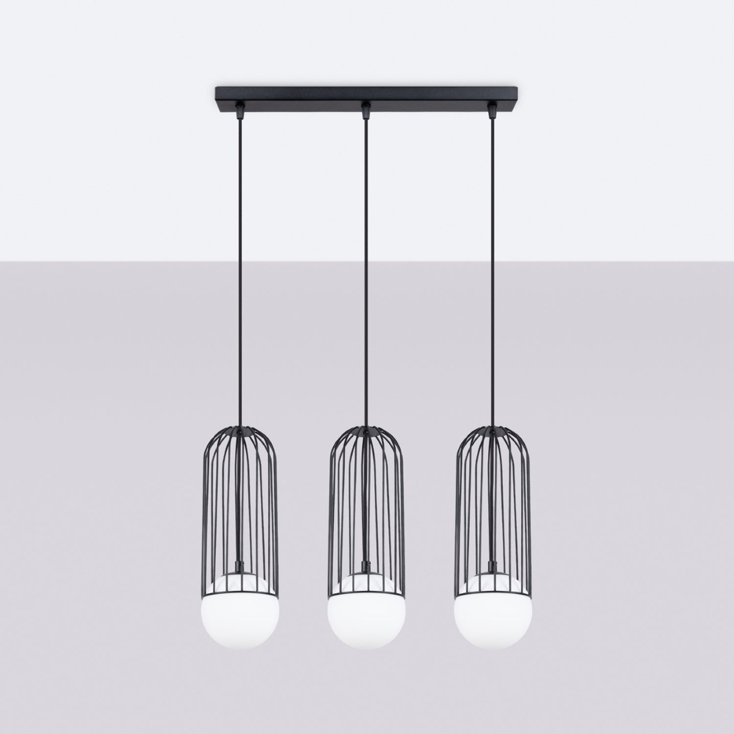 Suspension Brina 3 en ligne cage métal noir G9 de profil