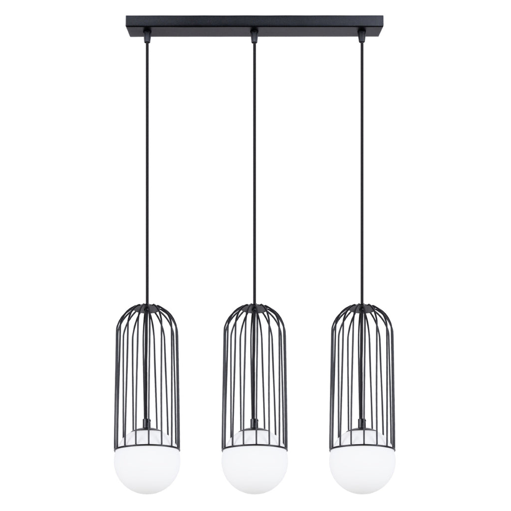 Suspension Brina 3 en ligne cage métal noir G9, cage en acier noir et globe de verre opale blanc