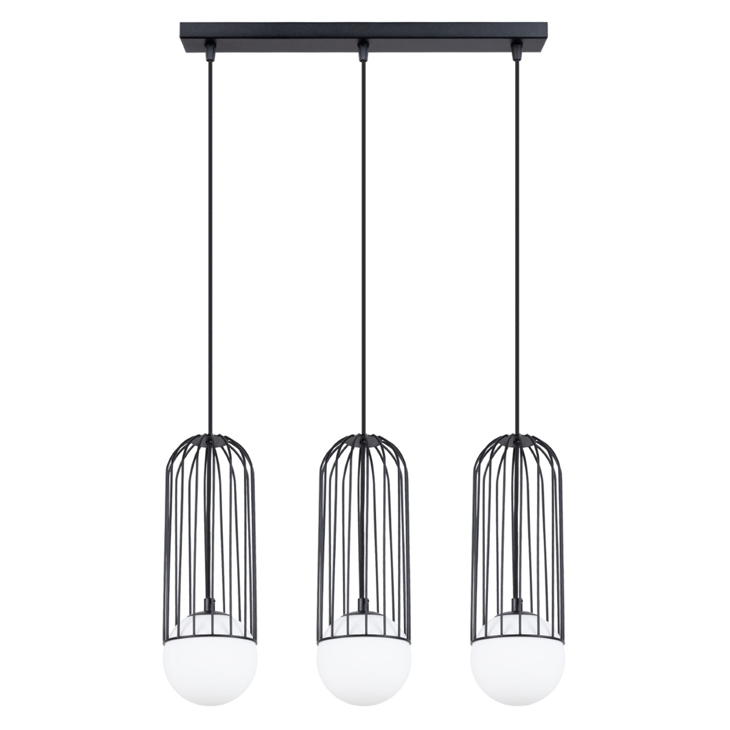 Suspension Brina 3 en ligne cage métal noir G9, cage en acier noir et globe de verre opale blanc