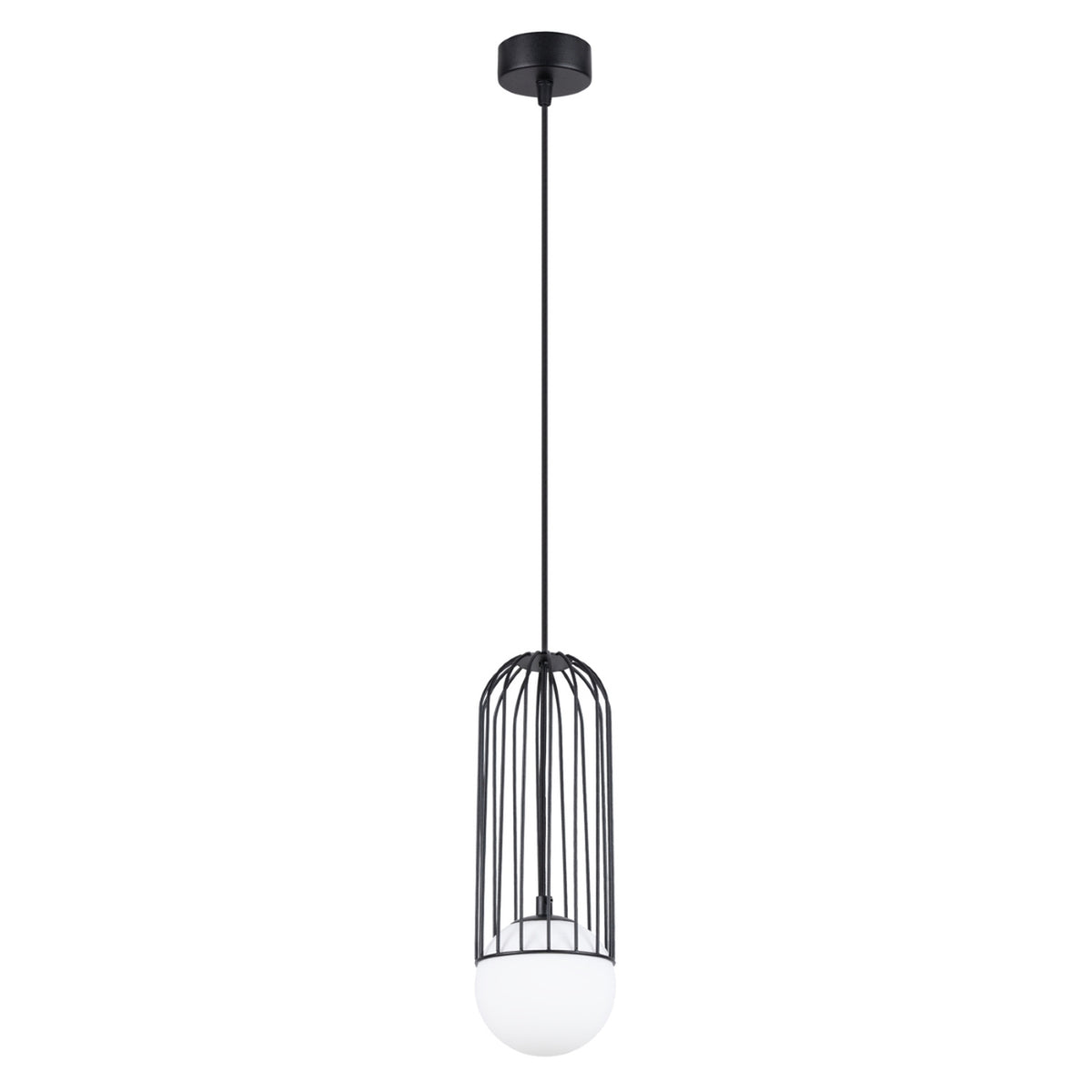 Suspension Brina noire cage allongée à fins barreaux et globe de verre opale sous une rosace ronde