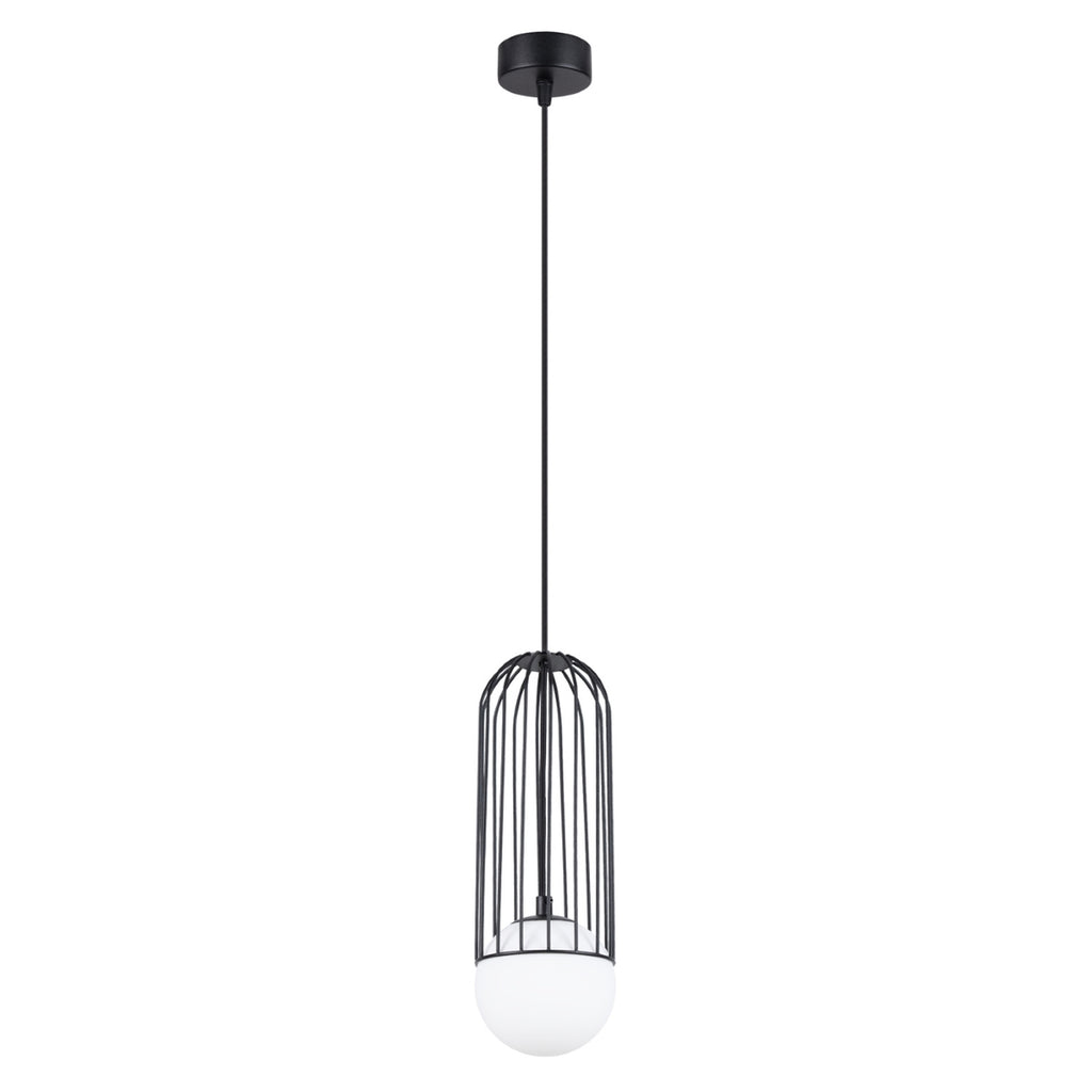 Suspension Brina cage métal noir G9, cage en acier noir et globe de verre opale blanc