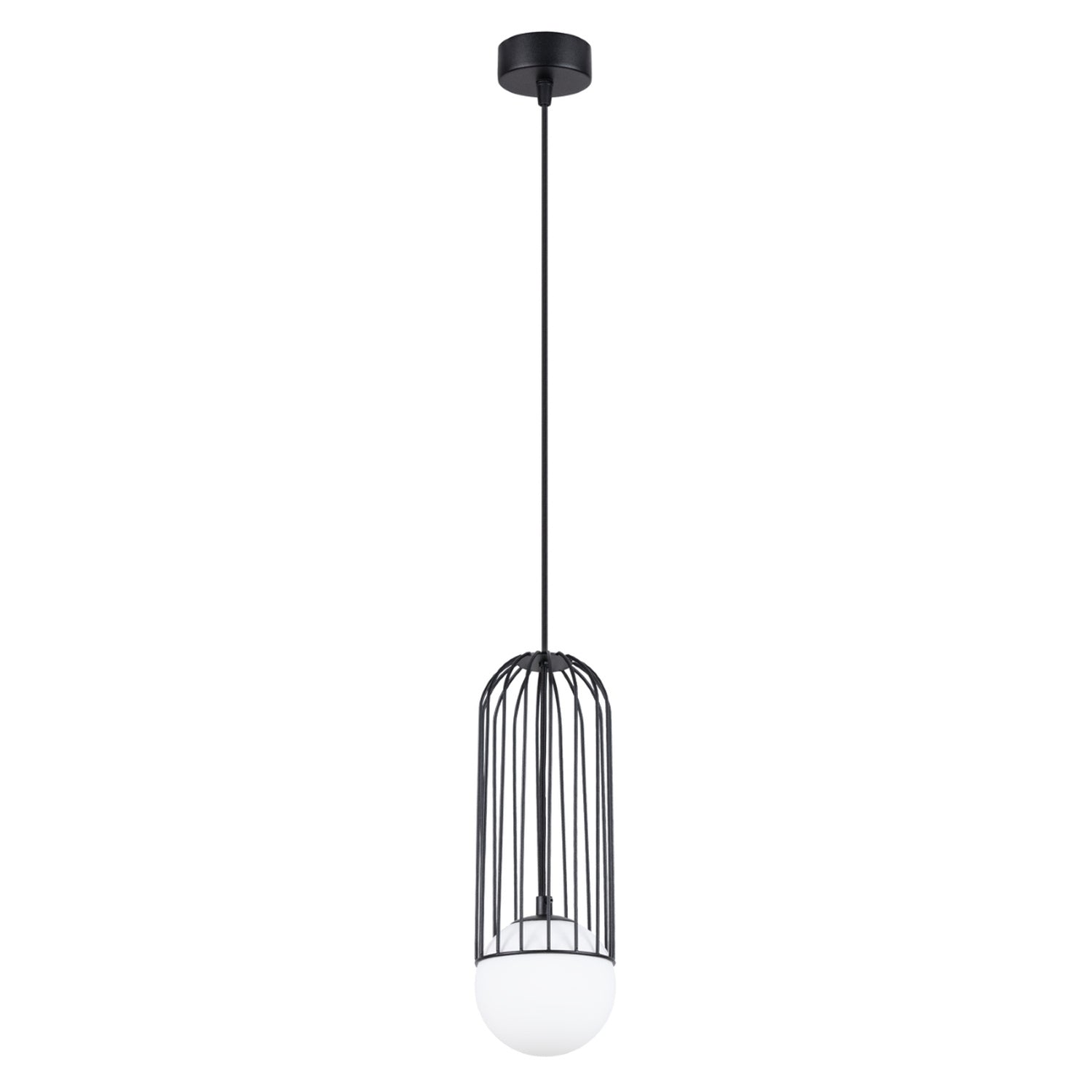 Suspension Brina cage métal noir G9, cage en acier noir et globe de verre opale blanc
